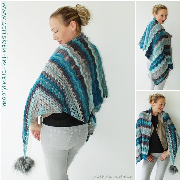 Free crochet pattern for a beginner-friendly TriangleWrap #1 with elegant stitch pattern and pompon detail.