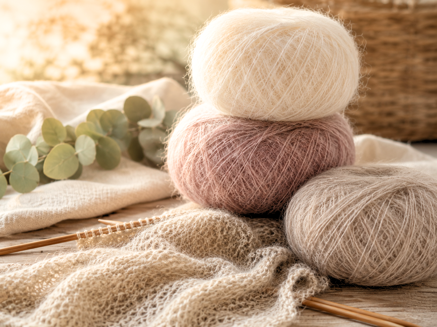 Luftige Airspun- und Blown-Garne in warmen Naturtönen mit locker gestricktem Strickstück auf rustikalem Holztisch bei weichem Tageslicht – stricken-im-trend.com
