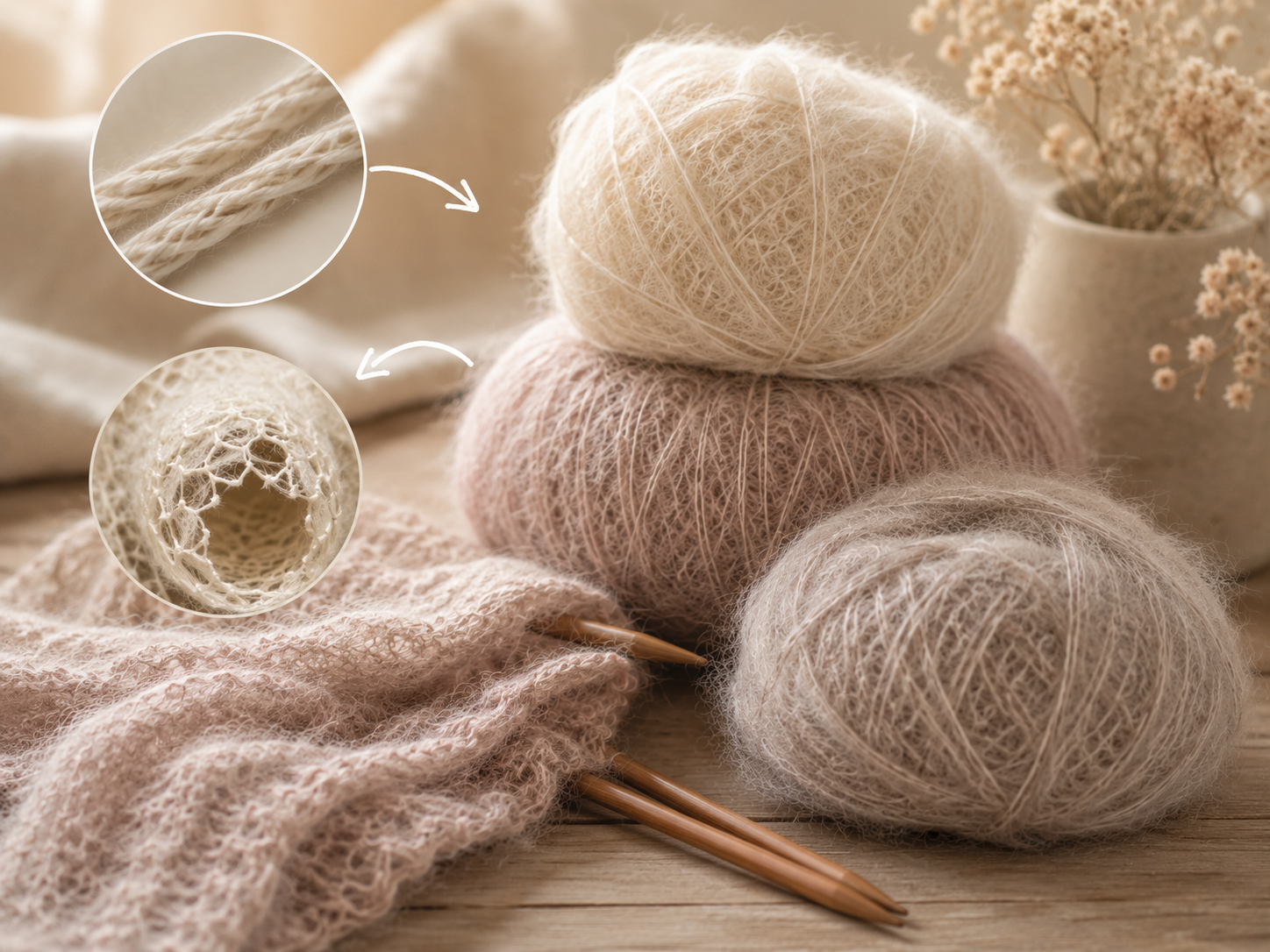 Flauschige Airspun-Garne und modernes Netzgarn mit sichtbarer luftiger Struktur und gestrickter Maschenprobe in natürlichen Beige- und Rosétönen – stricken-im-trend.com