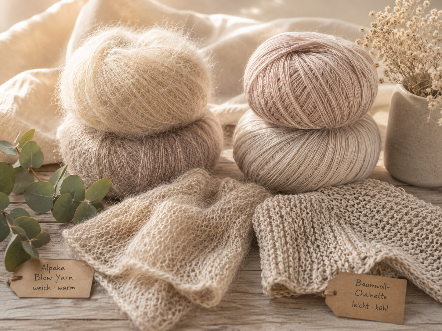 Vergleich zwischen flauschigem Alpaka Blow Yarn und leichtem Baumwoll-Chainette-Garn mit gestrickten Stoffproben in warmem natürlichem Licht – stricken-im-trend.com
