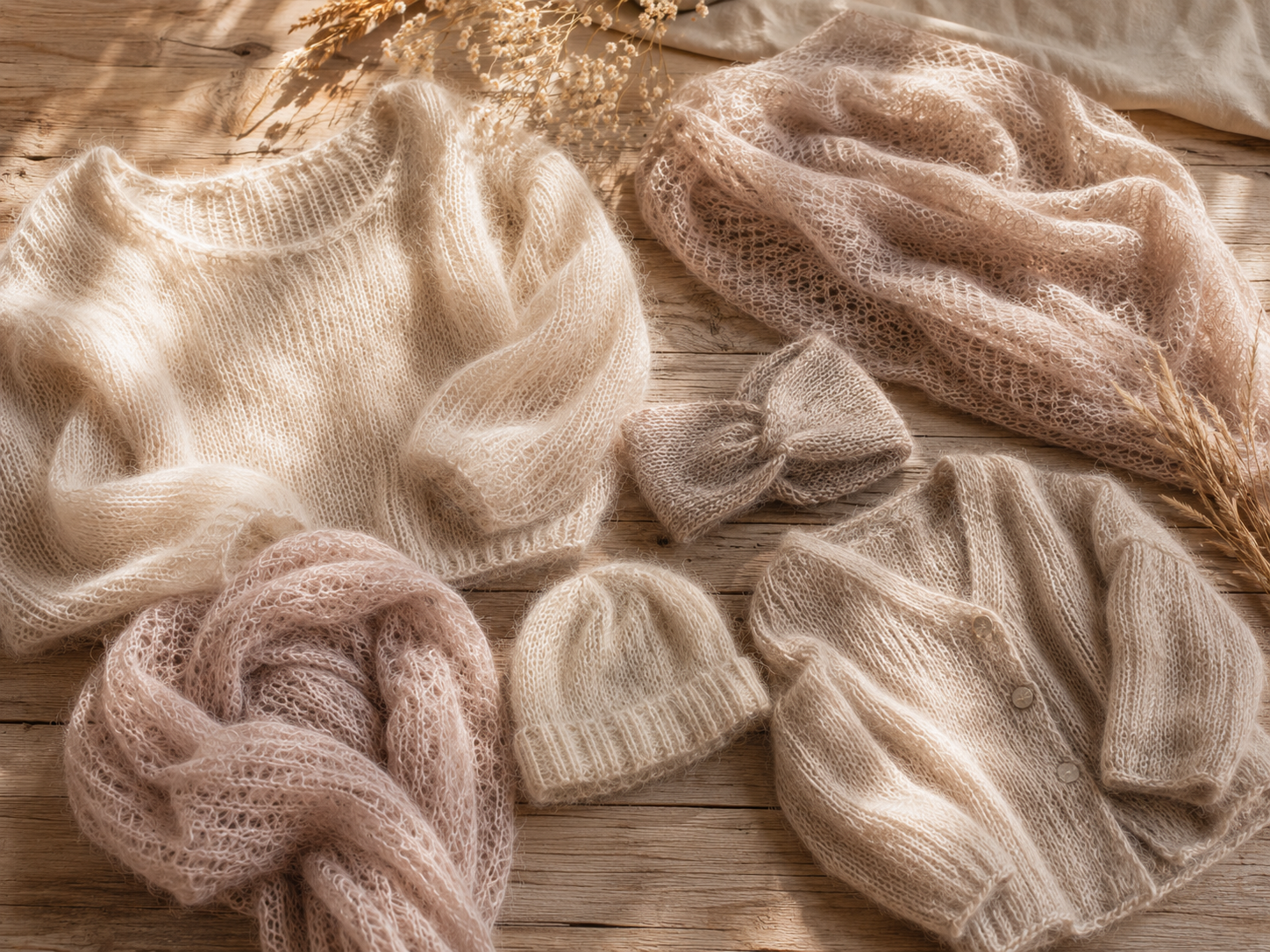 Leichte Strickmode aus Airspun- und Blown-Garnen mit Pullover, Cardigan, Schal und Accessoires in ruhigen Naturfarben auf Holzhintergrund – stricken-im-trend.com