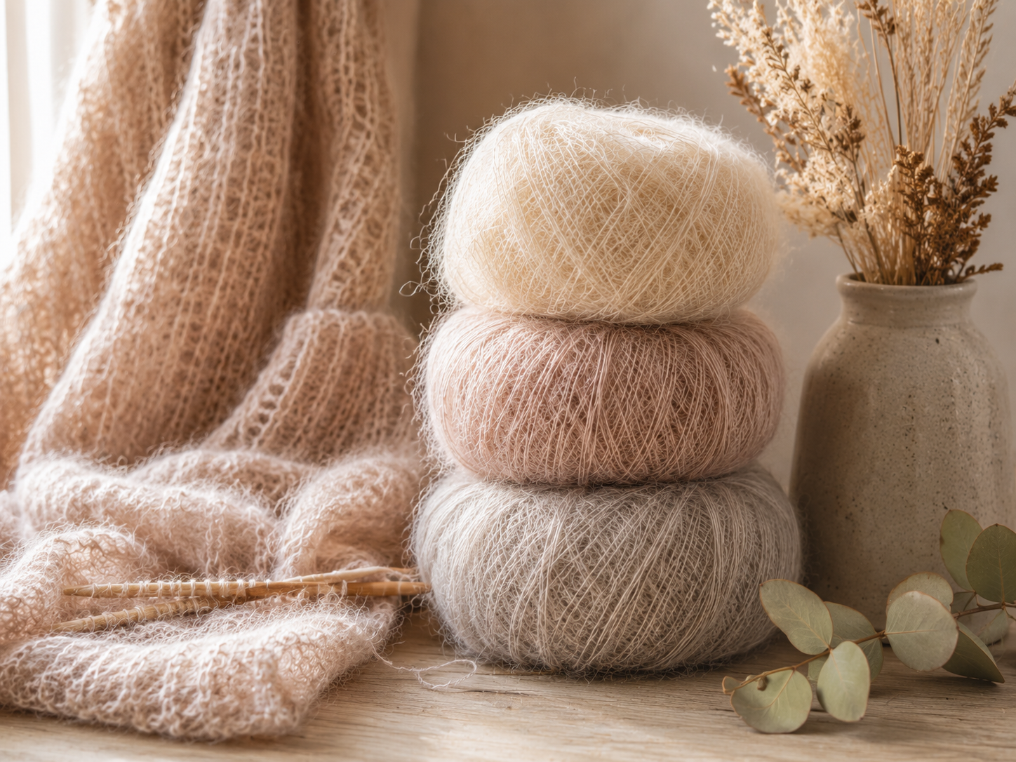 Luftige Airspun- und Blown-Garne in warmen Naturtönen mit locker gestricktem Strickstück auf rustikalem Holztisch bei weichem Tageslicht – stricken-im-trend.com