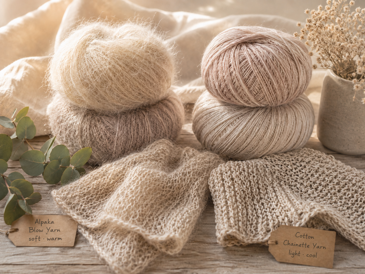Comparison between fluffy alpaca blow yarn and lightweight cotton chainette yarn with knitted fabric swatches in warm natural light – stricken-im-trend.com