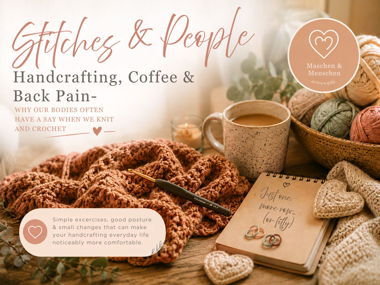Cozy crafting scene with yarn skeins, crochet blanket, coffee mug, knitting tools, and handwritten brand text.