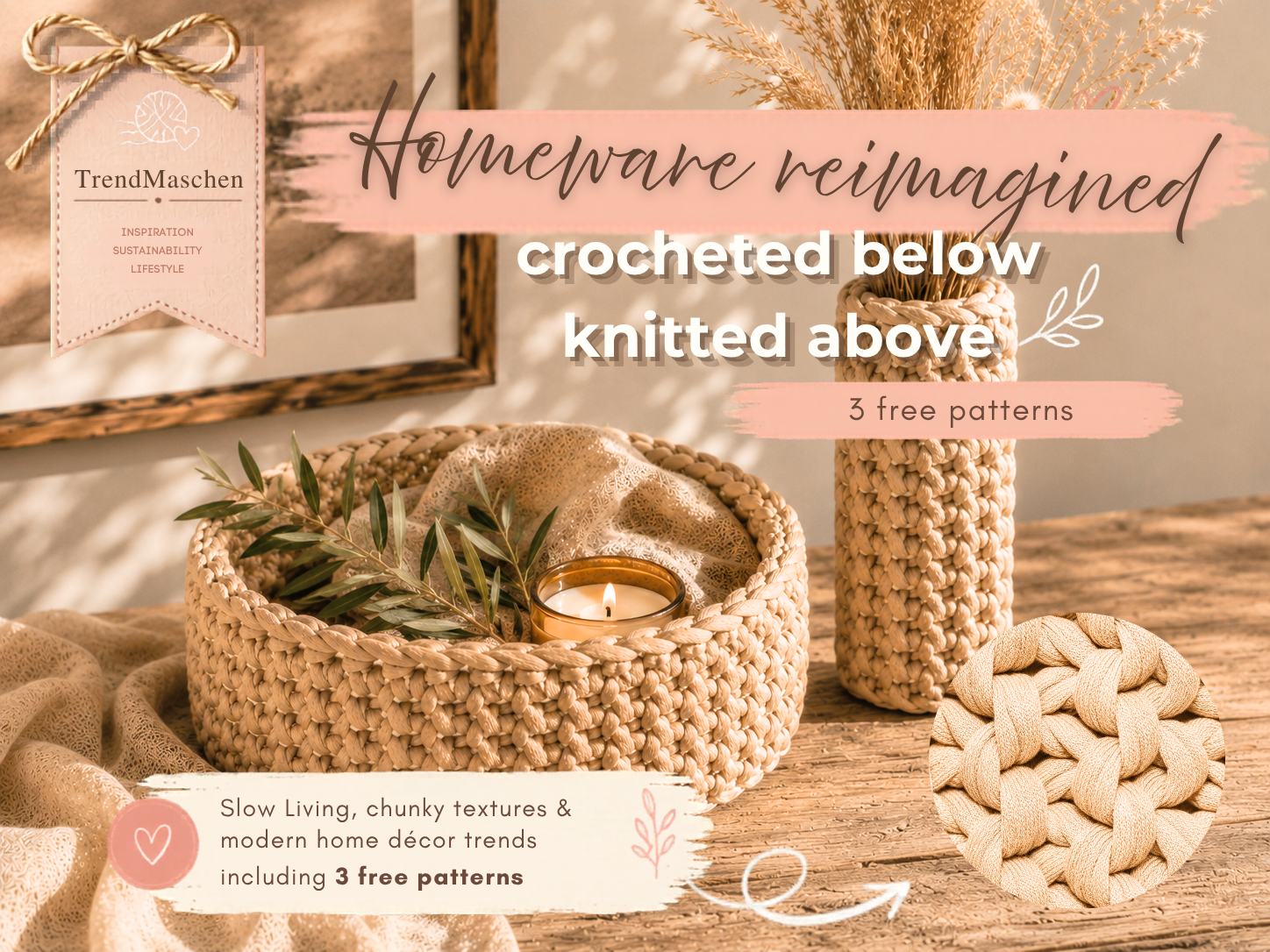 Cozy handmade decor scene with candles, woven baskets, yarn bundles, and text about crochet patterns.