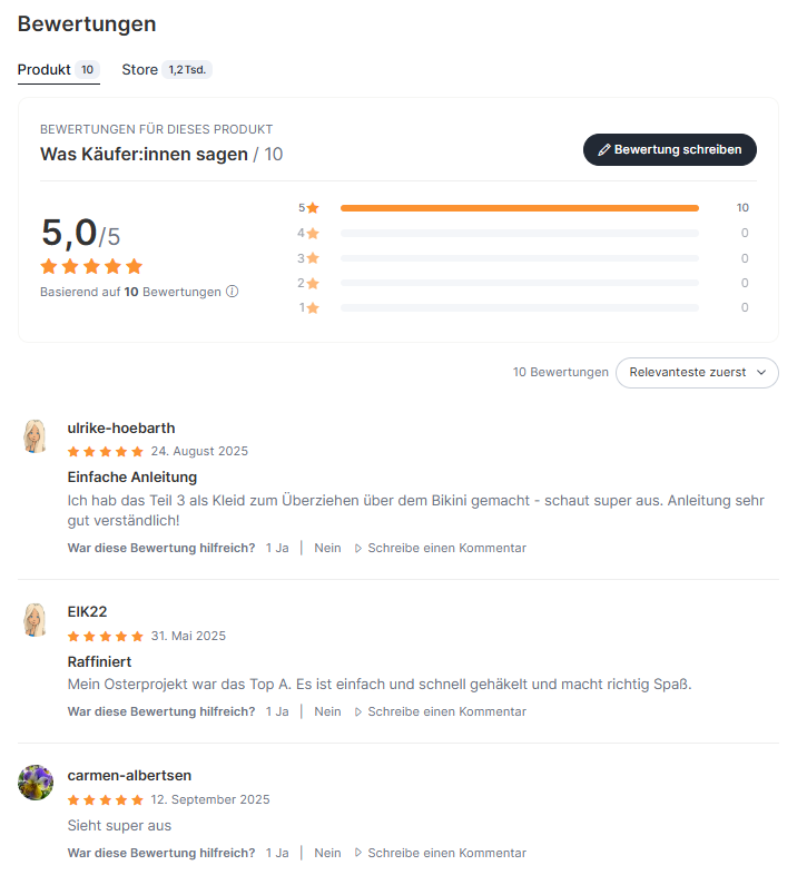 Bewertungen einer Strick- und Häkelanleitung auf CrazyPatterns mit Sternebewertung und Kundenfeedback. Symbolbild für Nutzererfahrungen, Community-Austausch und die Wahrnehmung von Handarbeitsanleitungen. stricken-im-trend.com