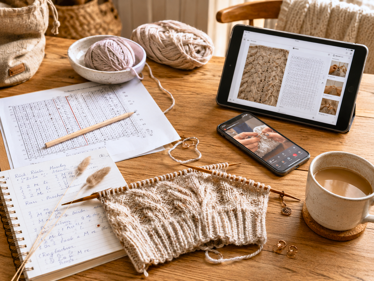 Strickschrift, Maschenprobe und digitales Lernen: Strickprojekt mit Tablet, Smartphone, Garn und handschriftlichen Notizen auf einem Holztisch. Symbolbild für moderne Strick- und Häkelanleitungen zwischen klassischer Technik und Social Media. stricken-im-trend.com