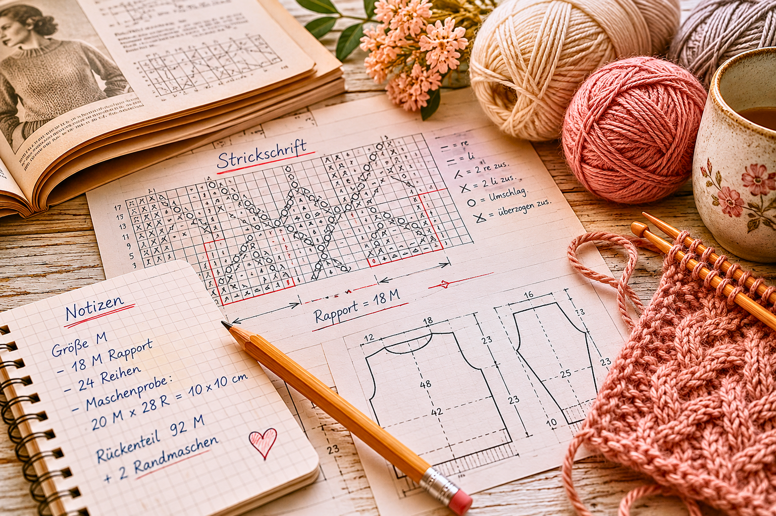 Strickschrift mit Rapport, handschriftlichen Notizen, Schnittschema, Garnknäueln und gestrickter Maschenprobe auf einem Holztisch. Symbolbild für klassische Strickanleitungen, Strickmuster und technische Handarbeitsplanung. stricken-im-trend.com