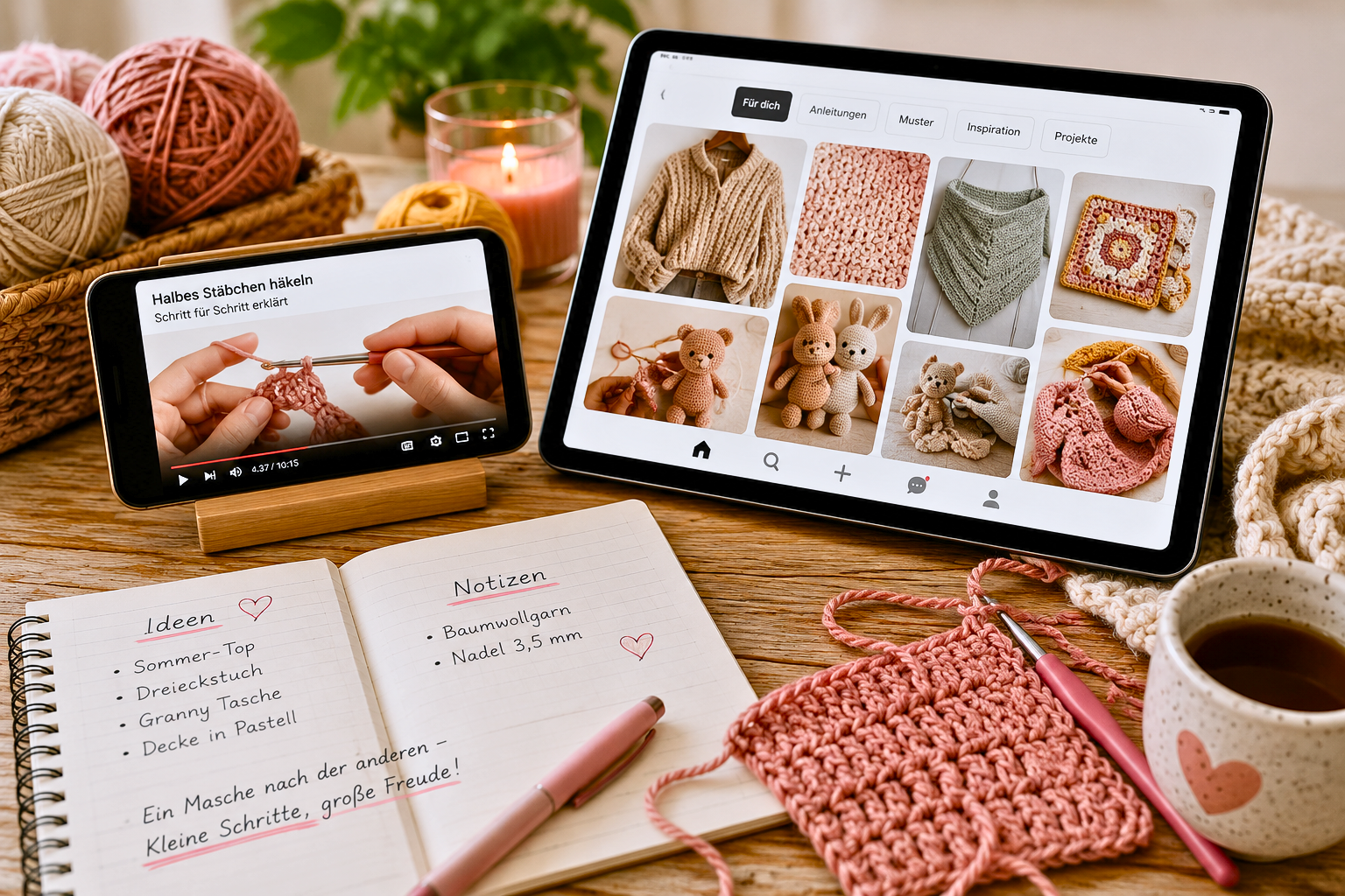 Smartphone mit Häkelvideo, Tablet mit Inspirationsbildern, Garn, Häkelprojekt und Notizbuch auf einem Holztisch. Symbolbild für modernes digitales Lernen, Social Media und zeitgemäße Strick- und Häkelanleitungen. stricken-im-trend.com