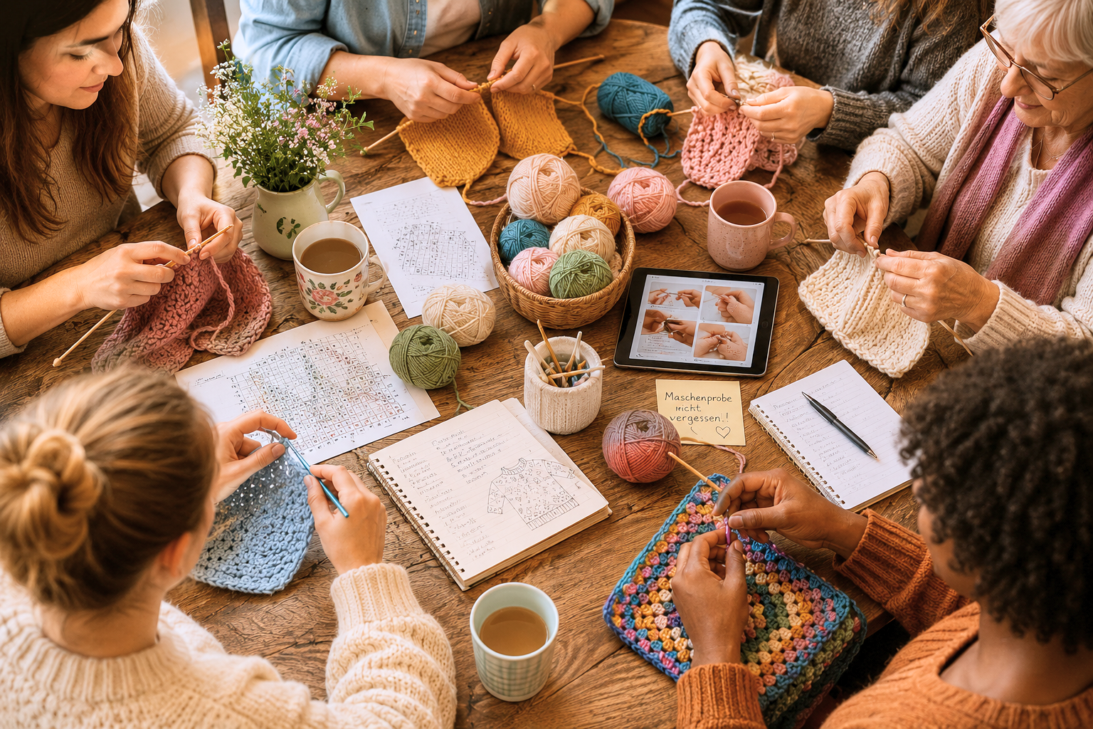 Stricker:innen und Häkler:innen mit unterschiedlichen Projekten, Garnen und Anleitungen an einem gemeinsamen Tisch. Symbolbild für verschiedene Lernwege, Erfahrungen und Perspektiven in der Handarbeits-Community. stricken-im-trend.com