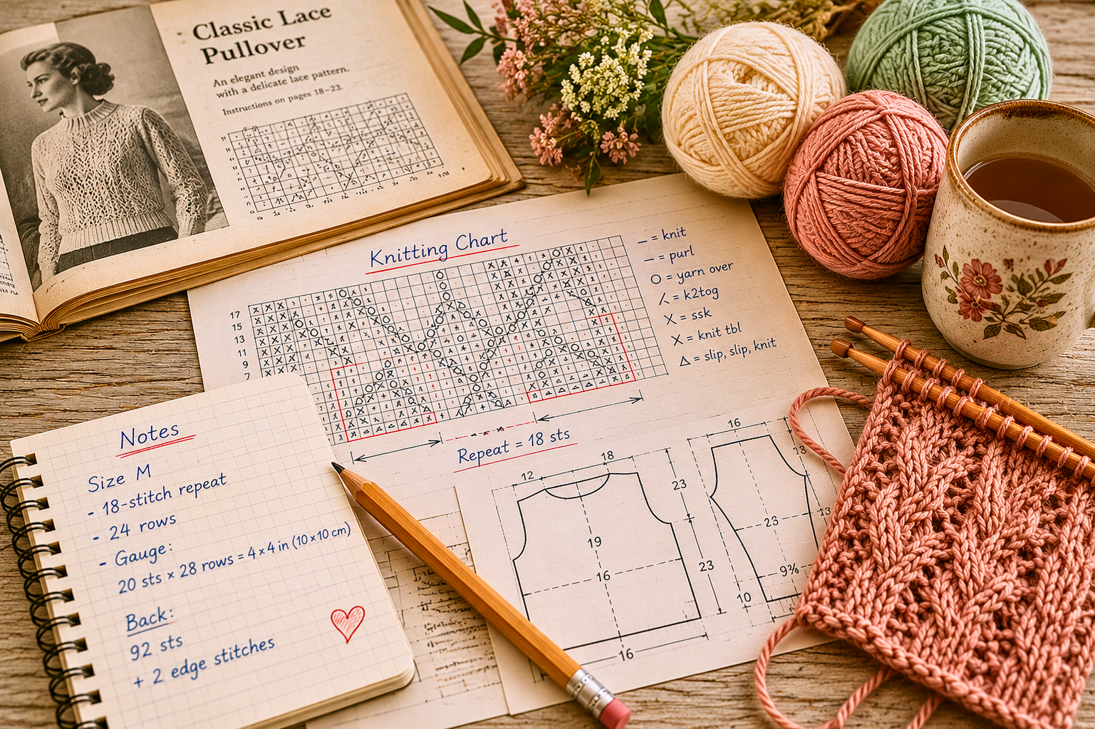 Knitting chart, schematic, handwritten notes, yarn balls, lace knitting swatch, and vintage knitting magazine on a wooden table. Symbolic image representing traditional knitting patterns, chart reading, pattern repeats, and technical knitting instructions. stricken-im-trend.com
