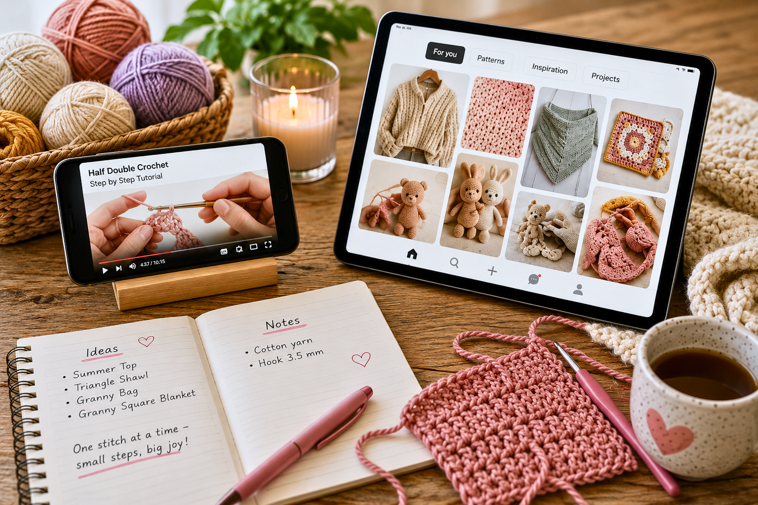 Tablet with knitting and crochet inspiration, smartphone tutorial video, yarn, crochet swatch, notebook, and coffee on a wooden table. Symbolic image representing digital learning, social media inspiration, modern knitting and crochet patterns, and creative project planning. stricken-im-trend.com