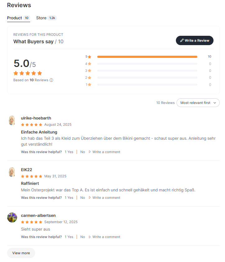 Customer reviews and star ratings for a knitting or crochet pattern on CrazyPatterns. Symbolic image representing pattern feedback, customer experiences, review systems, and community interaction within the knitting and crochet world. stricken-im-trend.com