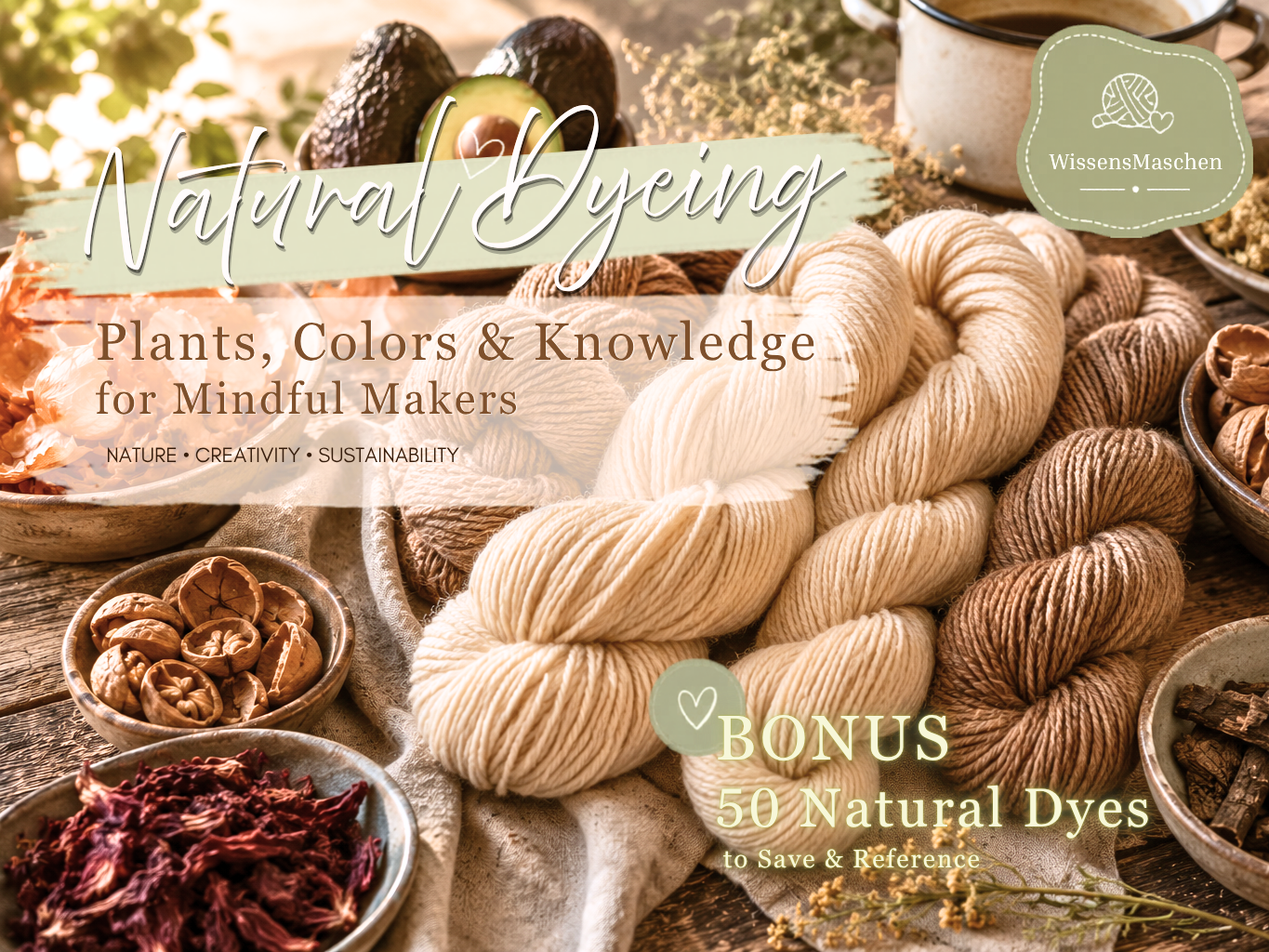 Spools of natural yarn, dried flowers, and dye ingredients on rustic table with “Natural Dyeing” text overlay.