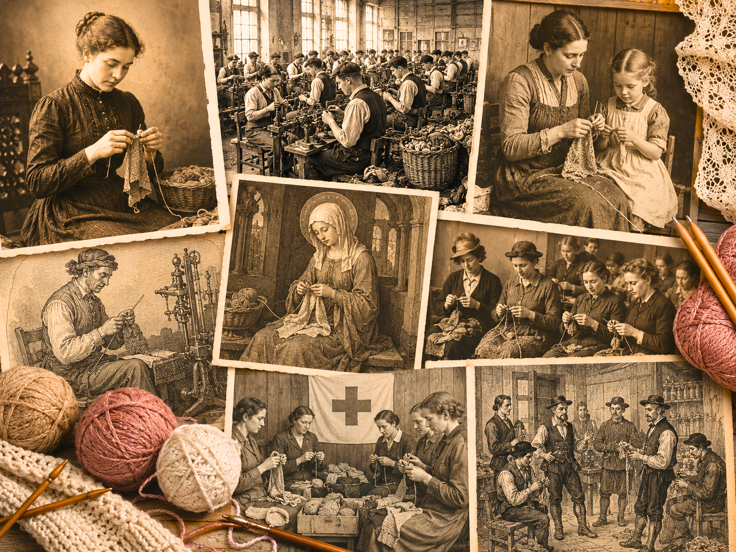 Mehrere historische Stickereibilder mit Frauen und Kindern, Garnknäueln und Näharbeiten, sepiafarbene Collage.