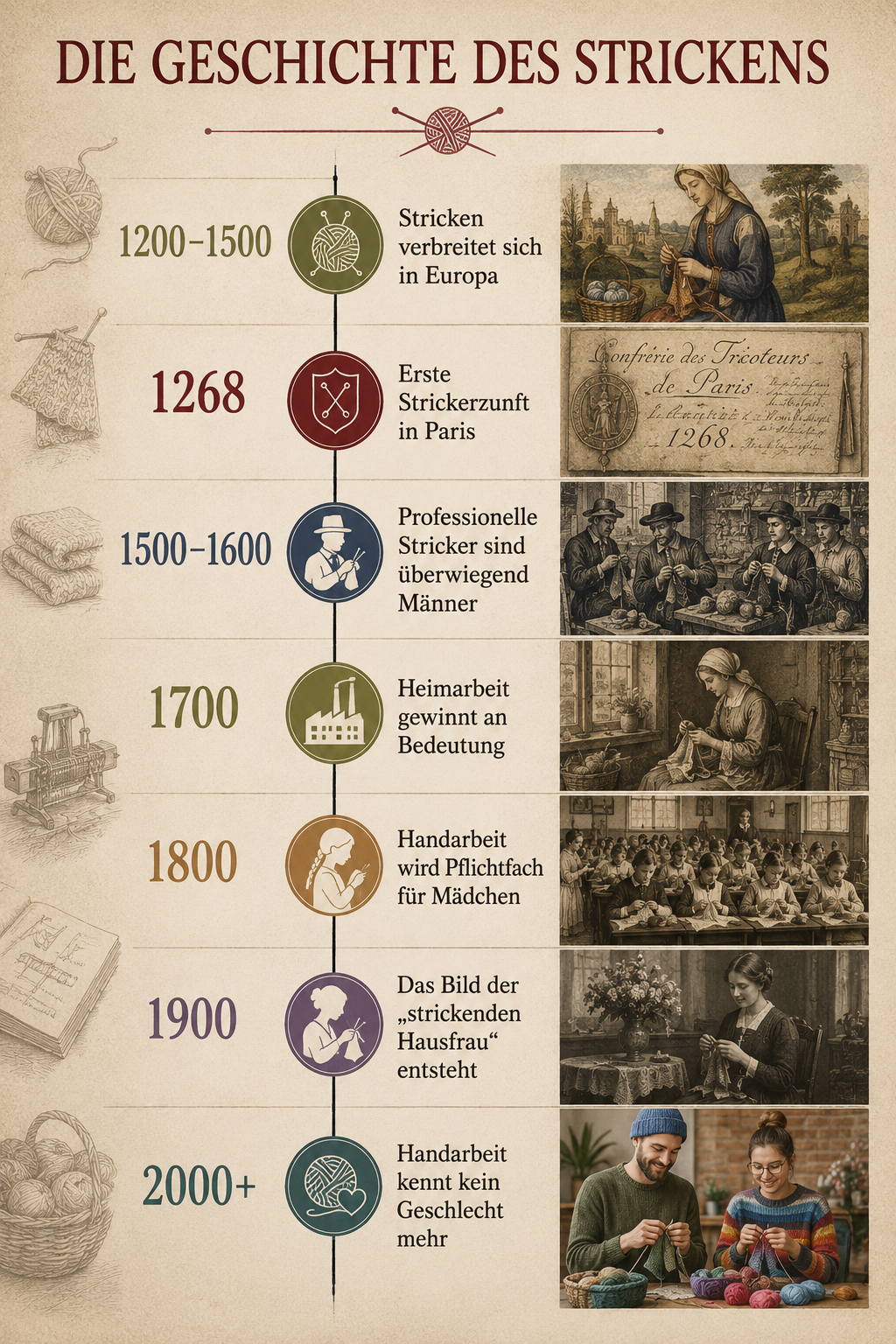 Infografik zur Geschichte des Strickens mit Jahreszahlen, Symbolen und historischen sowie modernen Strick-Szenen.