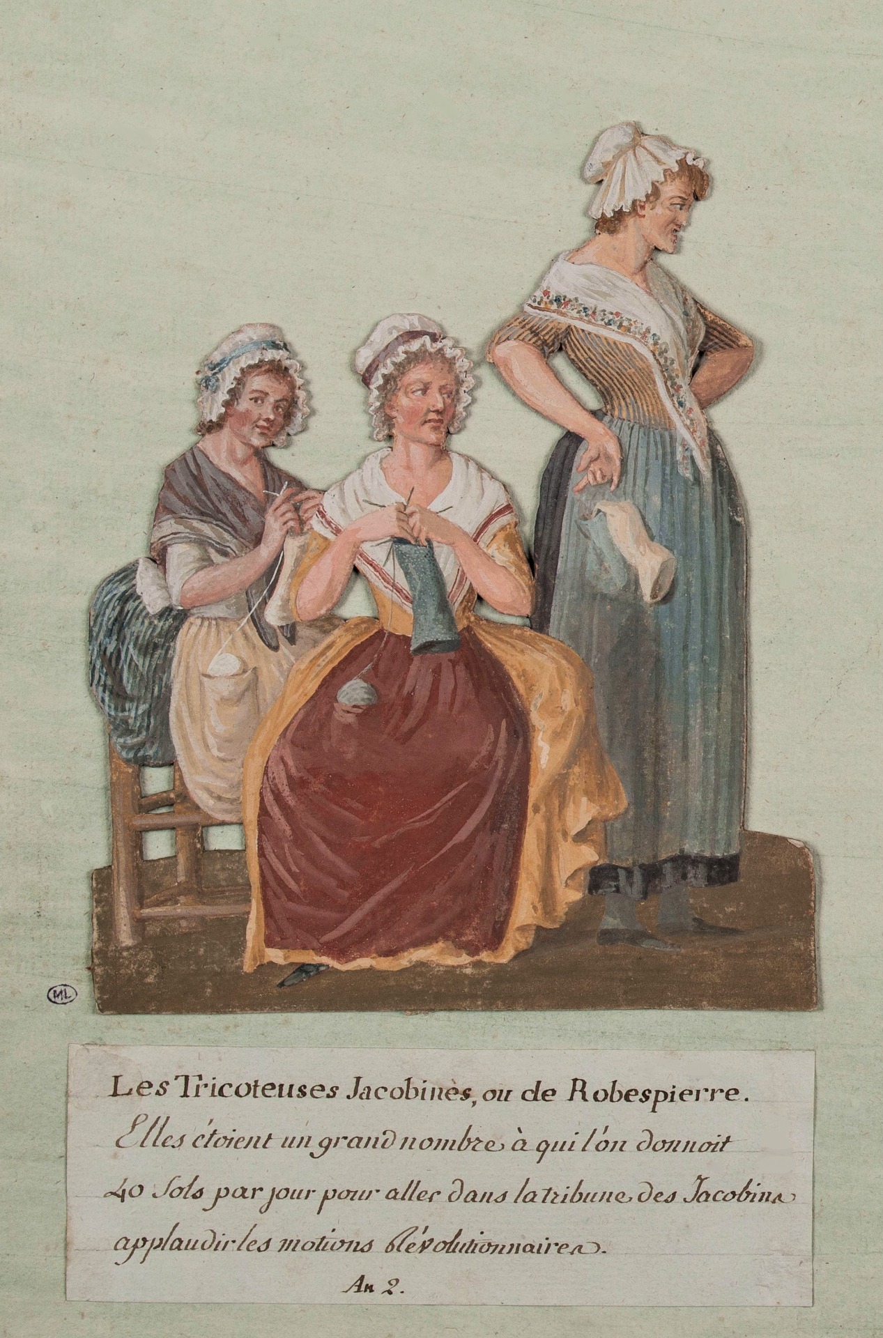 Drei Frauen in historischer Kleidung sitzen und stehen vor einer Wand, eine hält ein grünes Tuch.