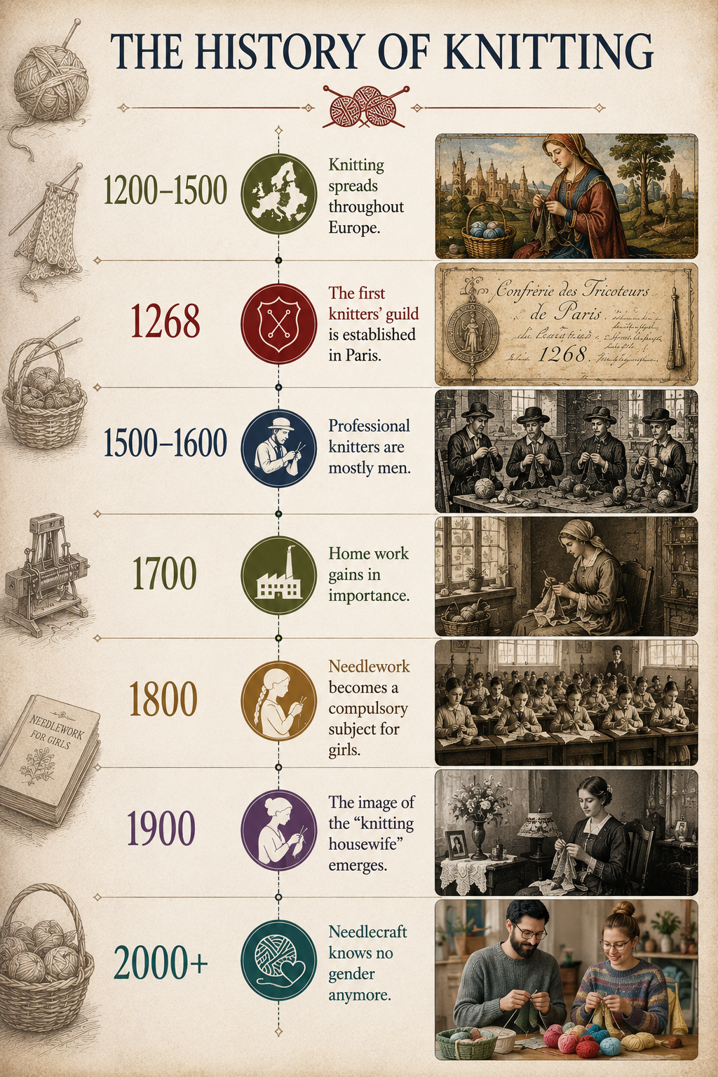 Timeline poster titled “The History of Knitting” with dates, icons, and vintage knitting illustrations.