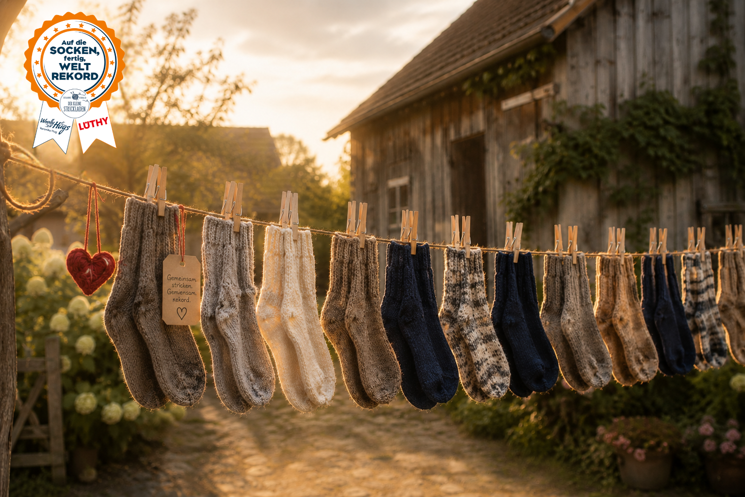 Handgestrickte Socken für den Sockenweltrekord auf einer Wäscheleine vor einer Scheune – Symbol für Gemeinschaft, Wärme und den guten Zweck. stricken-im-trend.com