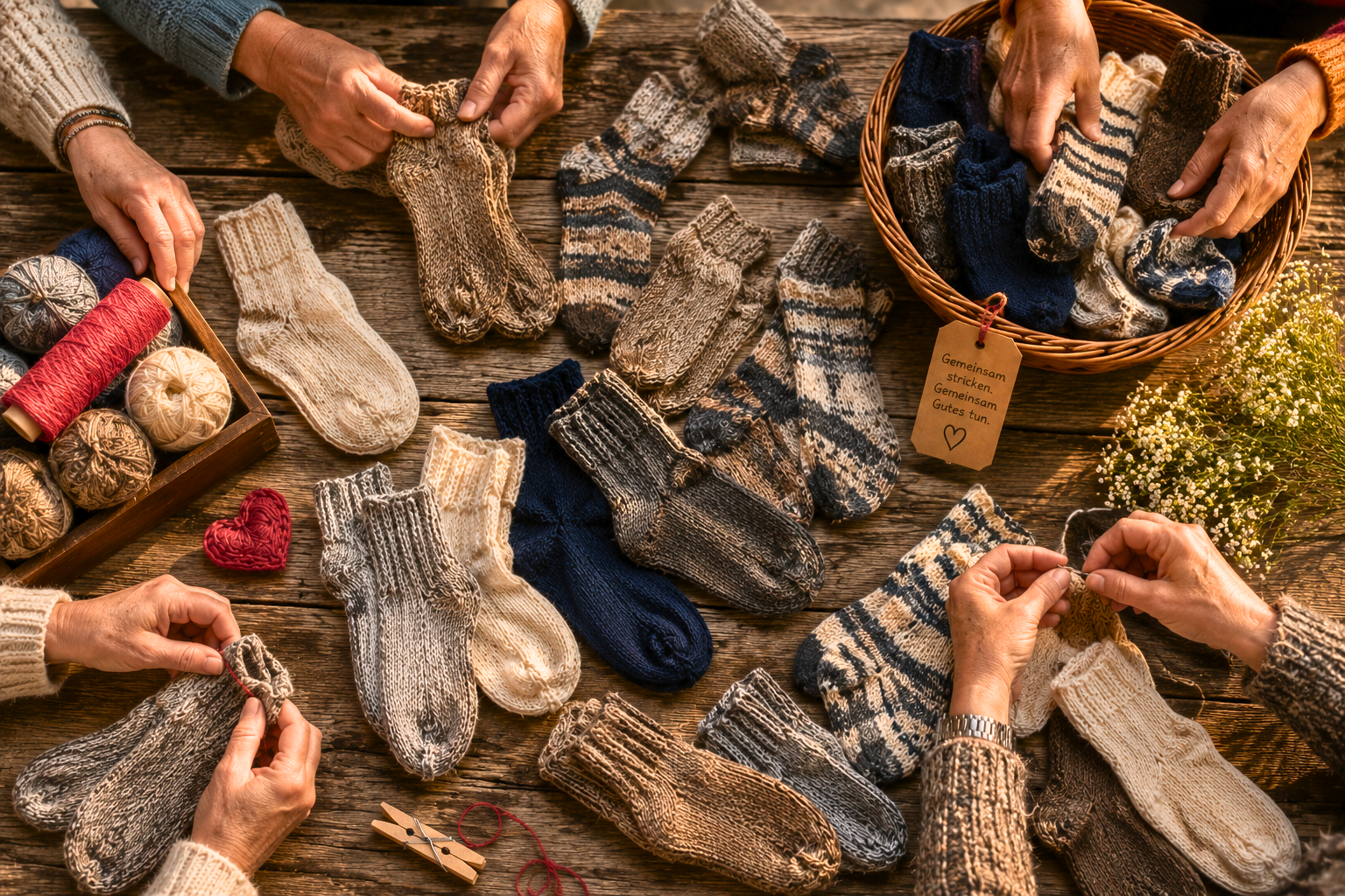 Gemeinsam Socken stricken für den Sockenweltrekord – mehrere Hände arbeiten an handgestrickten Socken. stricken-im-trend.com