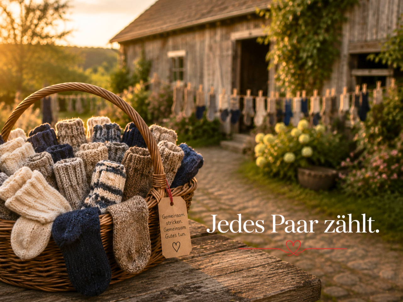 Korb mit handgestrickten Socken für den Sockenweltrekord – jedes Paar schenkt Wärme und Hoffnung. stricken-im-trend.com