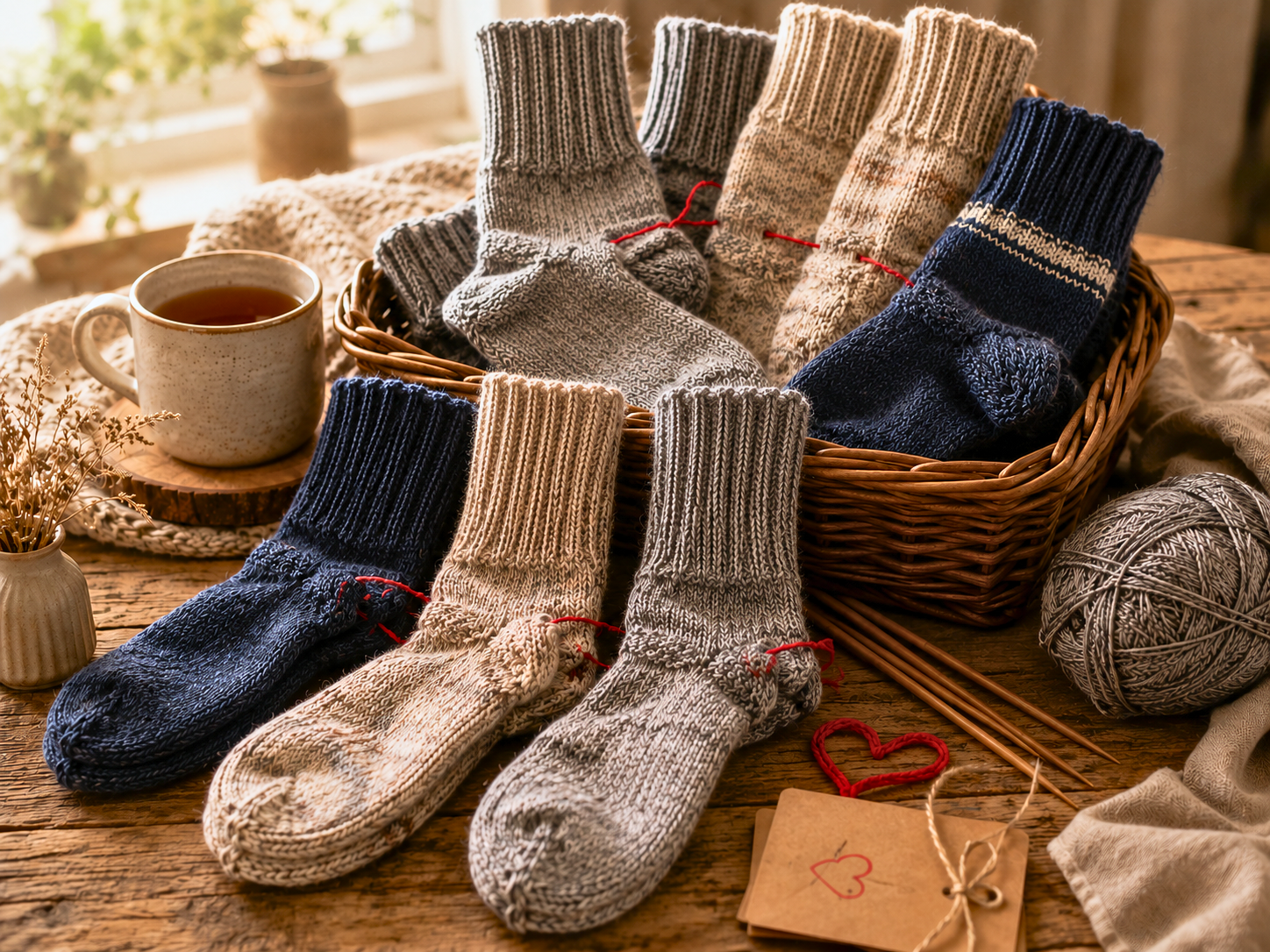 Handgestrickte Socken für den Sockenweltrekord – mehrere miteinander verbundene Sockenpaare in einem Korb als Symbol für den guten Zweck. stricken-im-trend.com