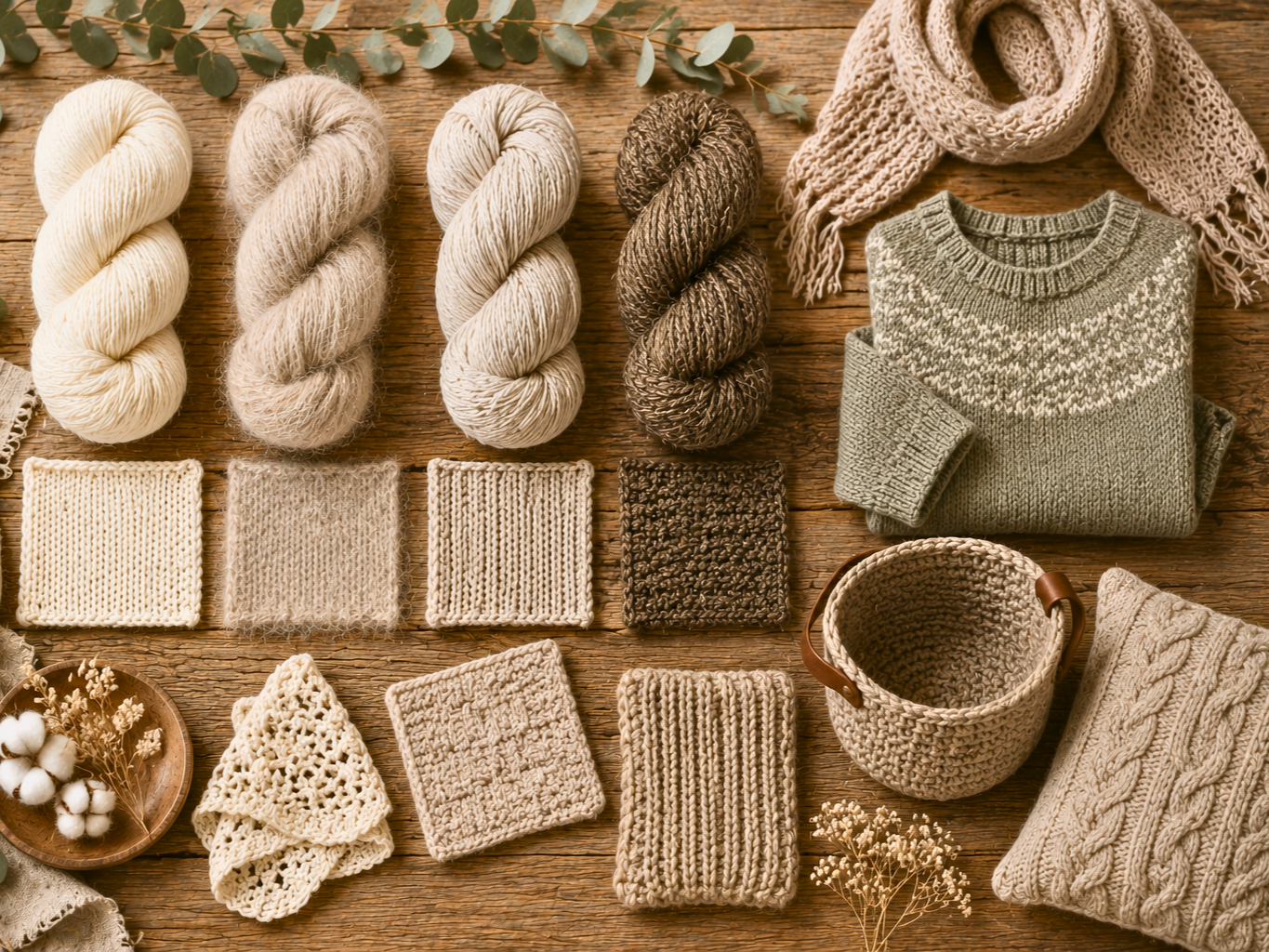 Luftige Airspun- und Blown-Garne in warmen Naturtönen mit locker gestricktem Strickstück auf rustikalem Holztisch bei weichem Tageslicht – stricken-im-trend.com