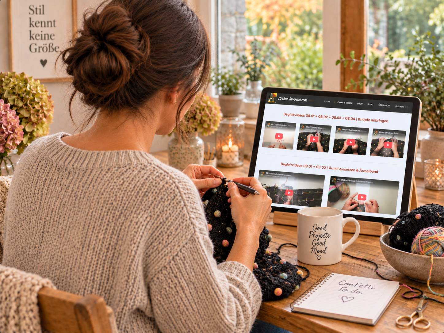 Frau häkelt am Tisch, schaut auf Tablet mit Videoanleitungen, daneben Wolle, Tasse und Notizbuch.