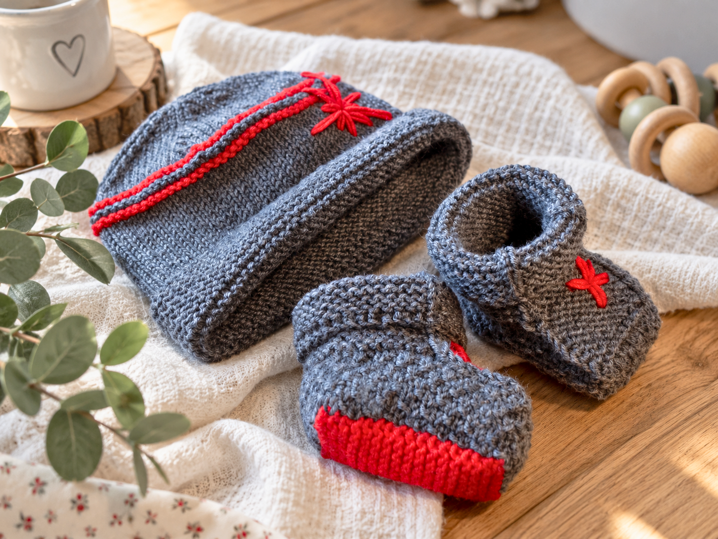 Handknit blue baby hat and matching booties with red stripes and star appliqués on a soft blanket.