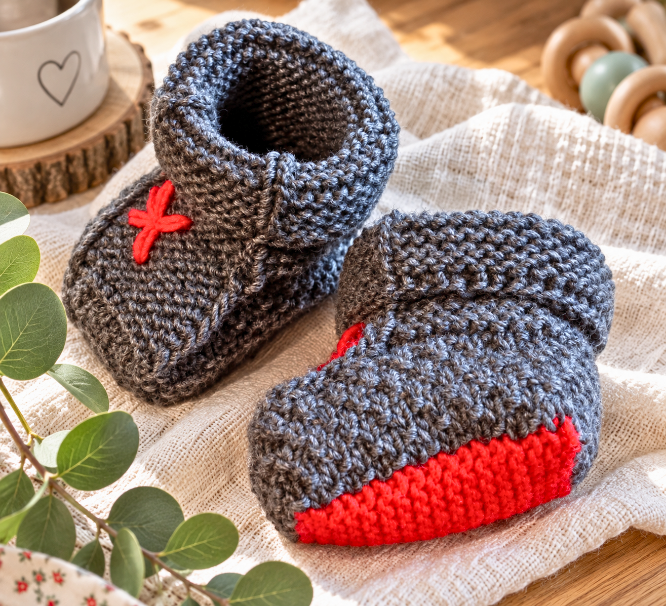 Crocheted baby booties in blue and brown with red flower accents on a beige fabric blanket.