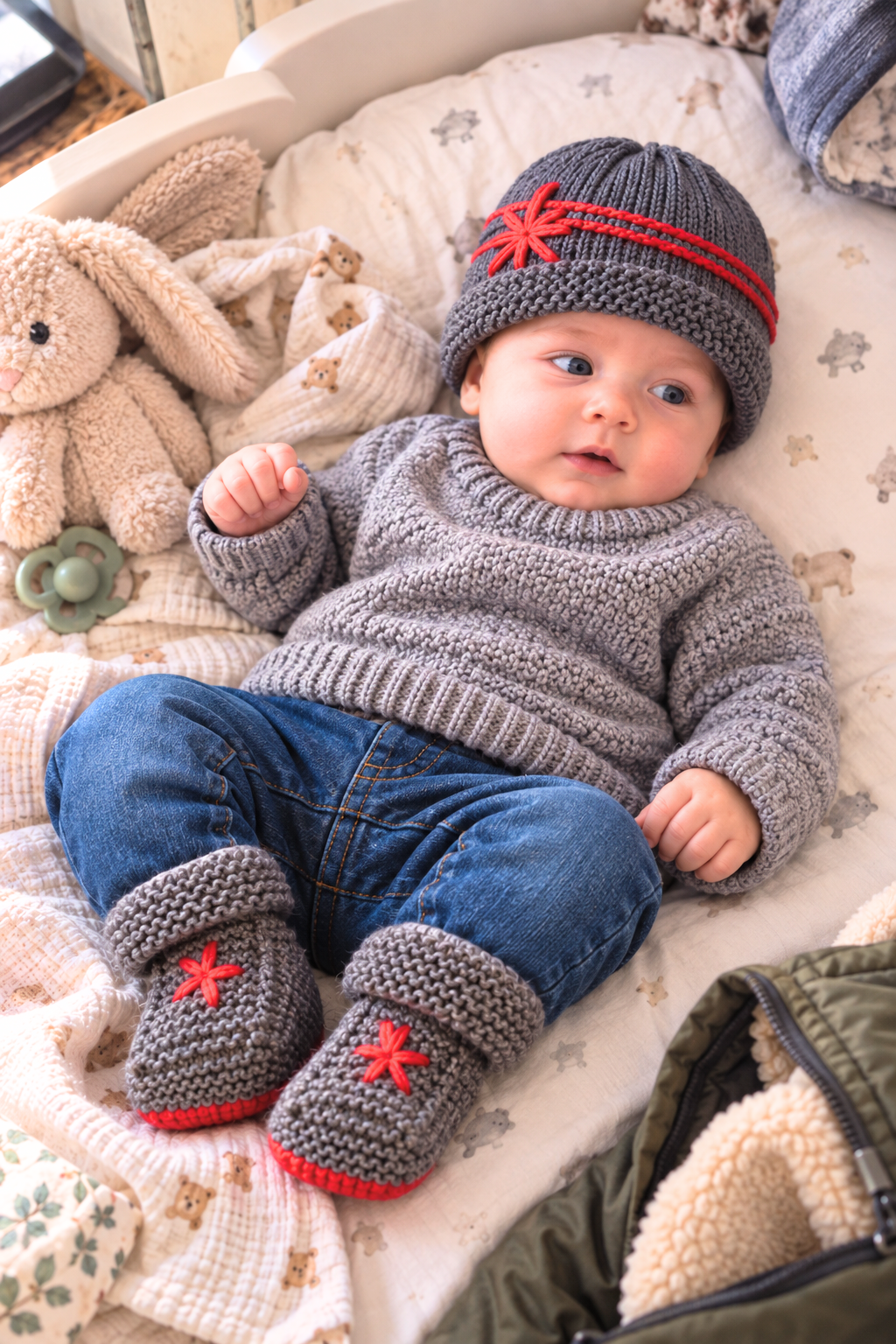 Baby lying on a patterned blanket wearing a gray knit hat with red trim and matching sweater.