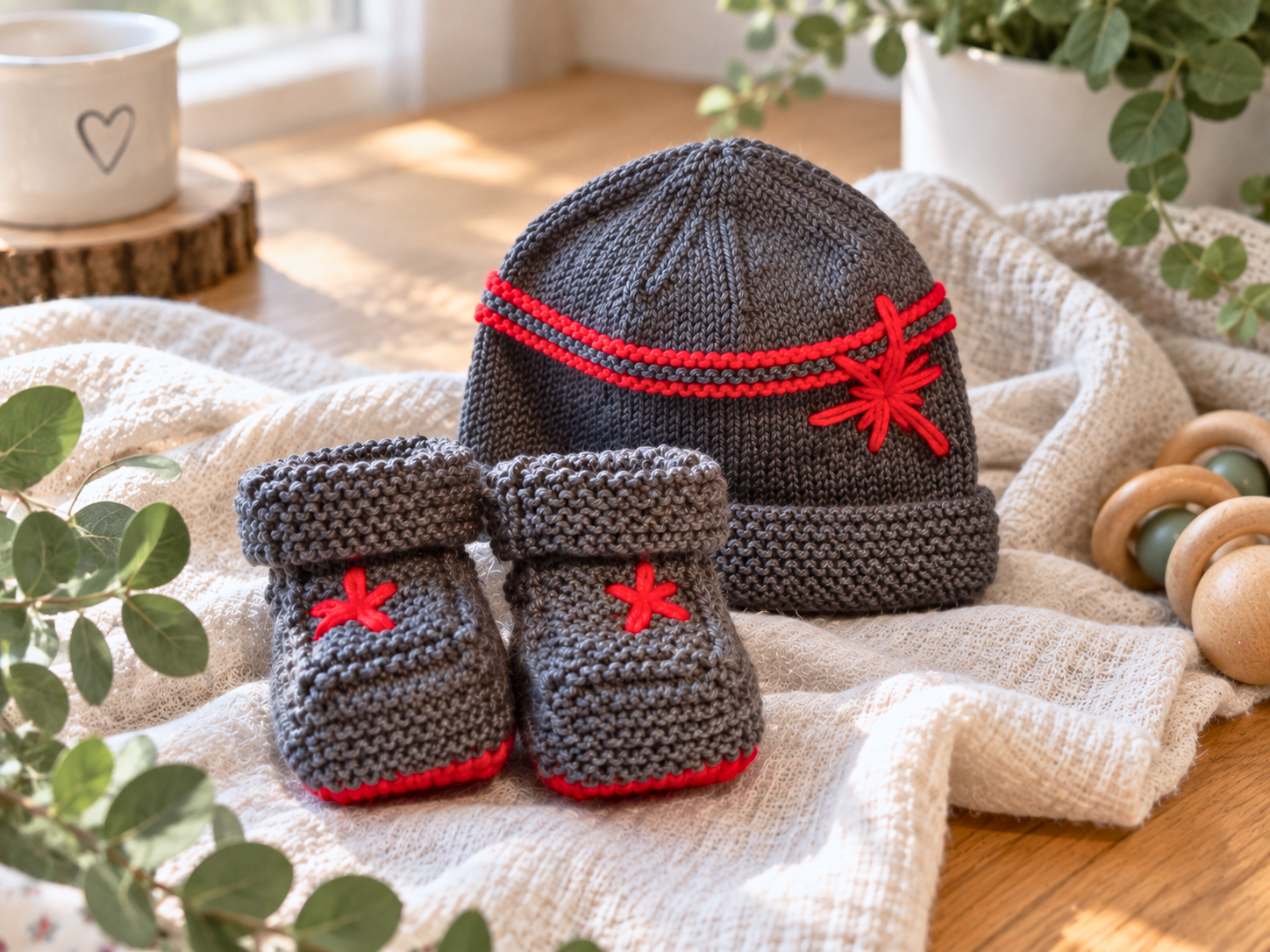 Handmade dark knit baby hat and booties with red trim and star appliques on a cozy blanket.