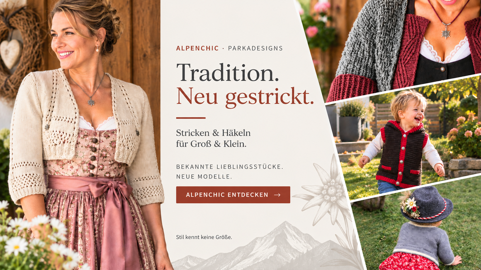 Werbebanner mit lächelnder Frau im Dirndl, daneben Kind in Strickjacke und Text „Tradition. Neu gestrickt.“