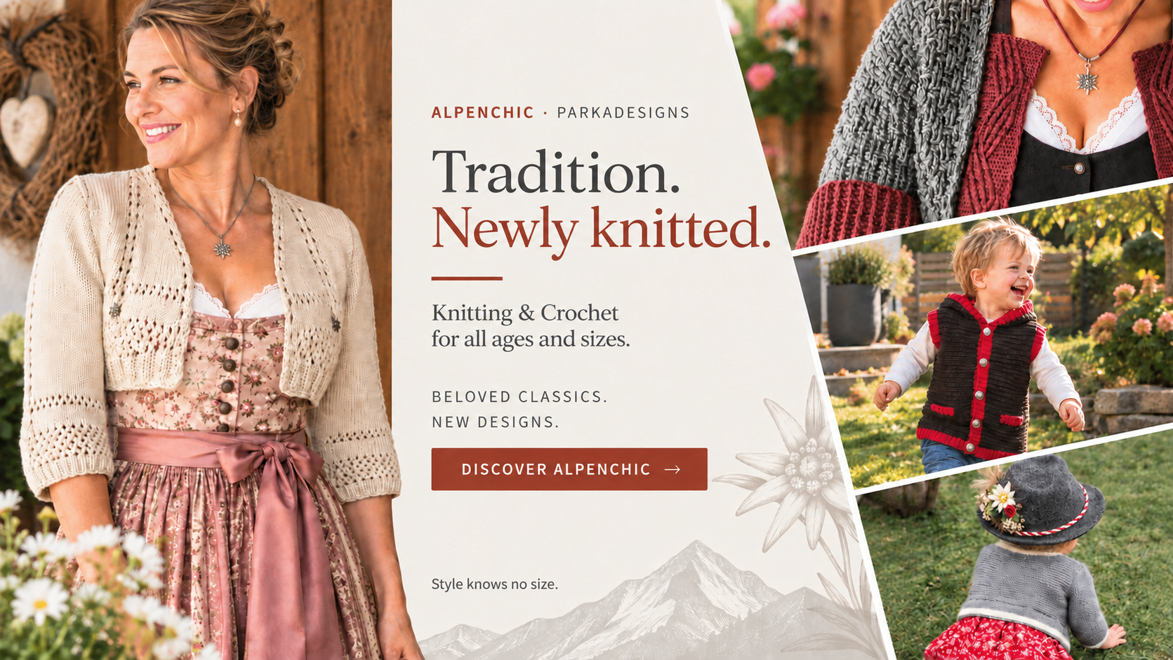 Promotional banner with smiling woman, knitting text, and children outdoors wearing colorful knitted outfits.