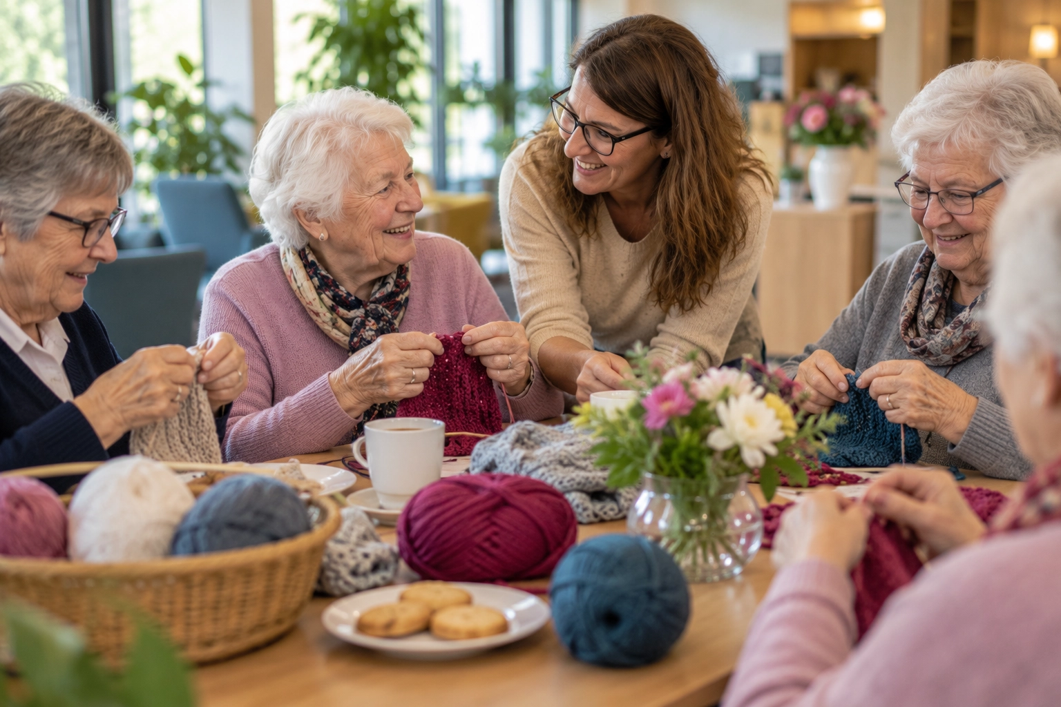 Gemeinsames Stricken und Häkeln im betreuten Wohnen