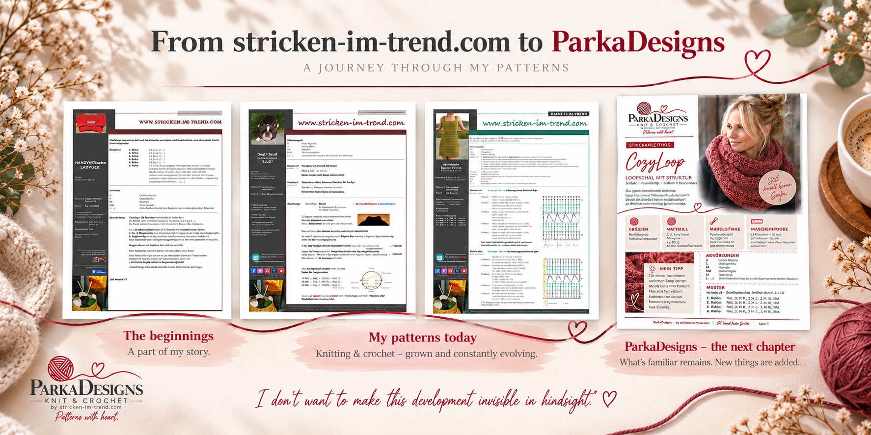 Collage of four knitting pattern pages with ParkaDesigns branding, surrounded by yarn, flowers, and red ribbon.