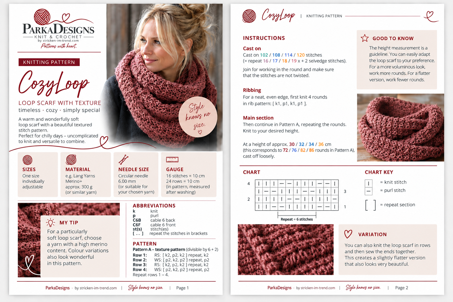 Knitting pattern brochure featuring cozy loop scarf, model photo, instructions, chart, and materials details.
