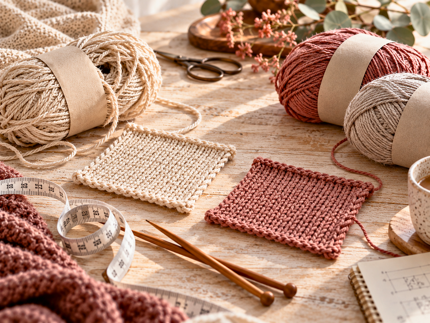 Garnknäuel in Beige und Rostrot, Strickmuster, Maßband und Häkelnadeln auf hellem Holztisch.