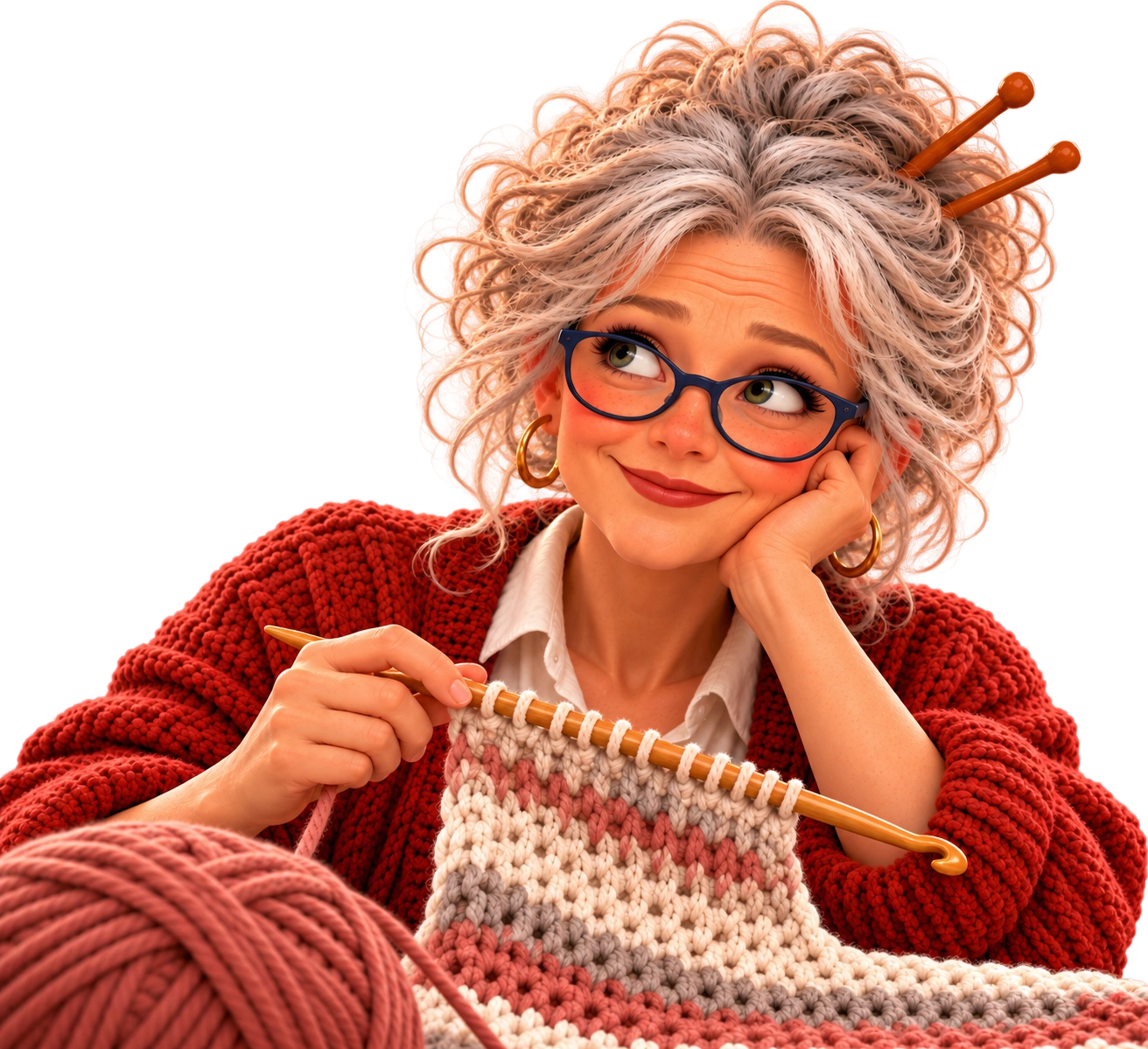 Madeleine beim tunesischen Häkeln mit buntem Garn