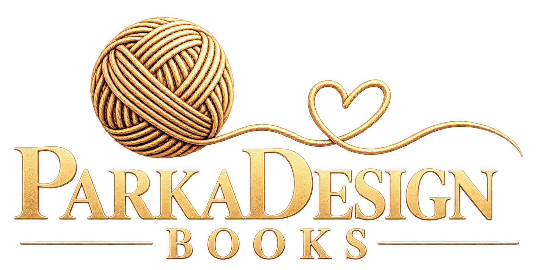 Goldfarbenes ParkaDesign Books Logo mit einem Wollknäuel, dessen Faden ein Herz formt, und eleganter Schrift auf weißem Hintergrund.