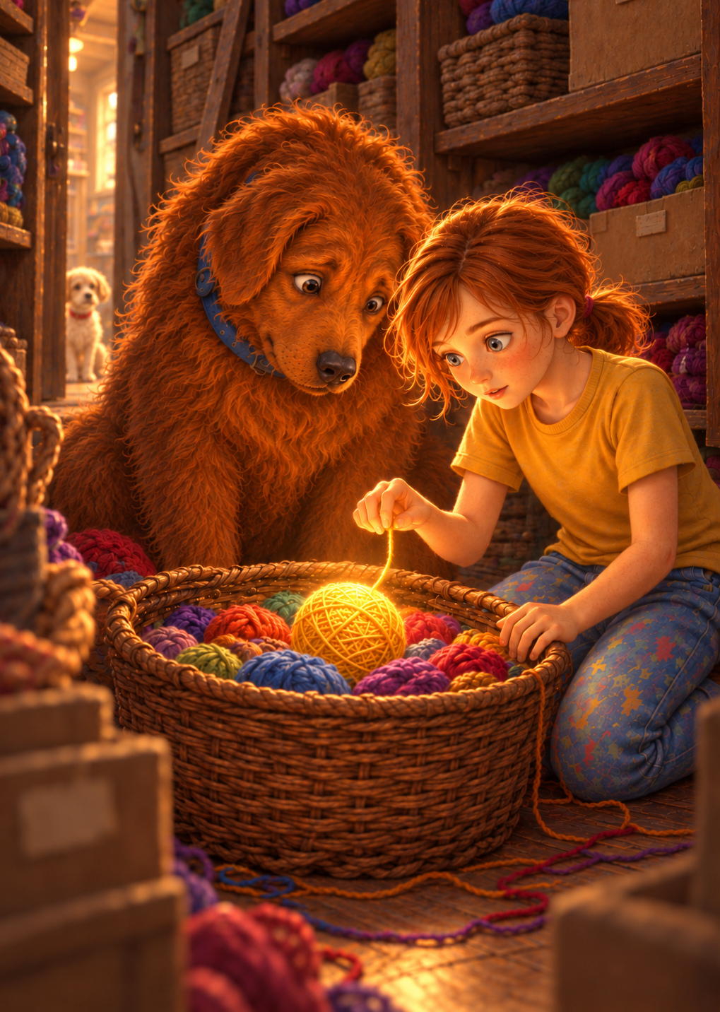 Toni und Muki entdecken einen magisch leuchtenden Wollknäuel in einem Korb voller bunter Wolle – eine Szene aus dem Kinderbuch „Der goldene Faden“ von Kathrin Parlatan.