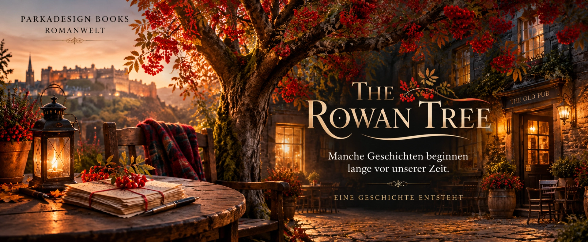 The Rowan Tree – atmosphärischer Romanbanner mit einer Eberesche vor einem schottischen Pub