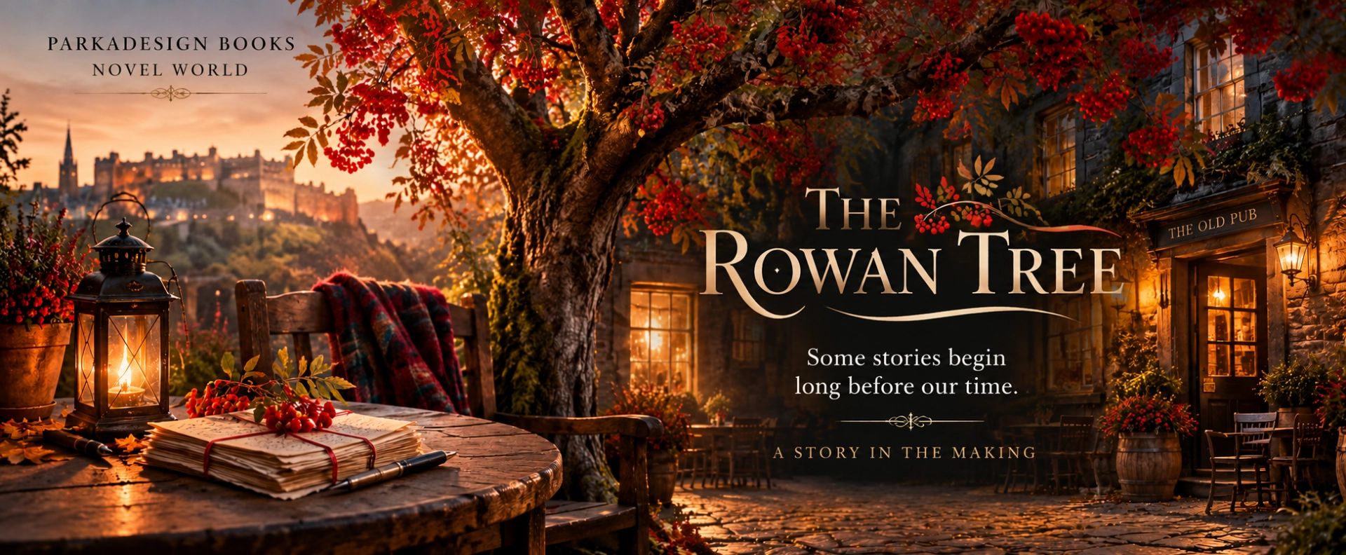 The Rowan Tree – atmospheric novel banner featuring a rowan tree outside a Scottish pub