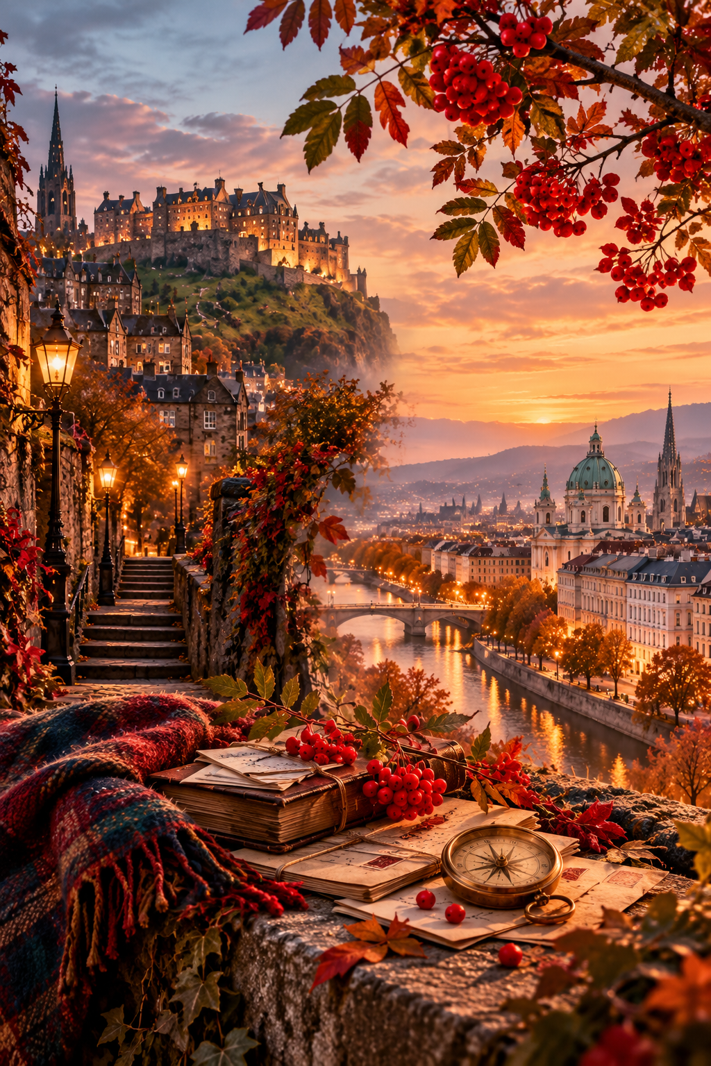 Herbstliche Abendstimmung mit Blick auf Edinburgh, umrahmt von den roten Blättern einer Eberesche – stimmungsvolles Motiv zum Generationenroman „The Rowan Tree“ (von Kathrin Parlatan), der Schottland und Wien miteinander verbindet.