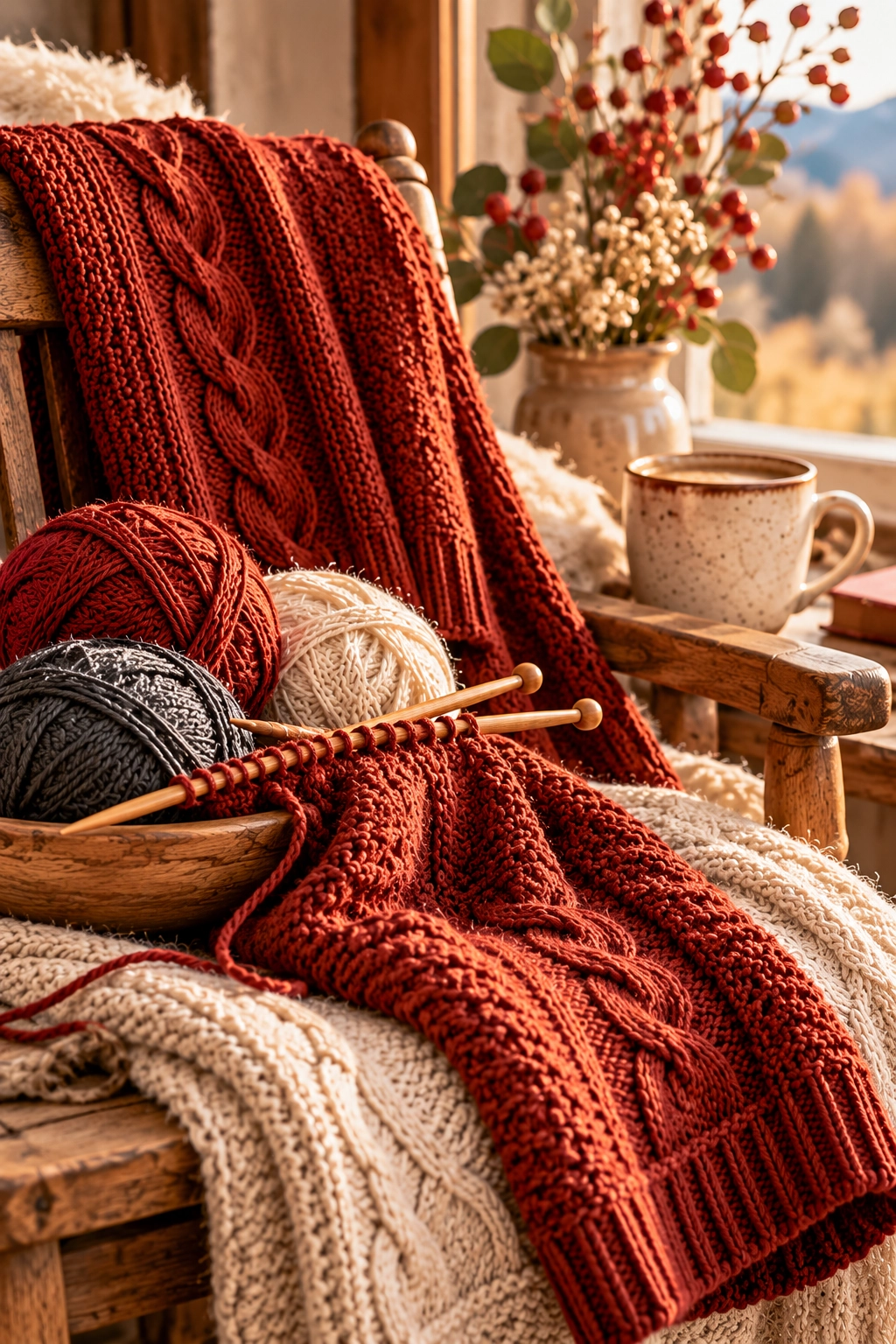 Stricken: Rostrotes Strickstück mit Stricknadeln und Garn