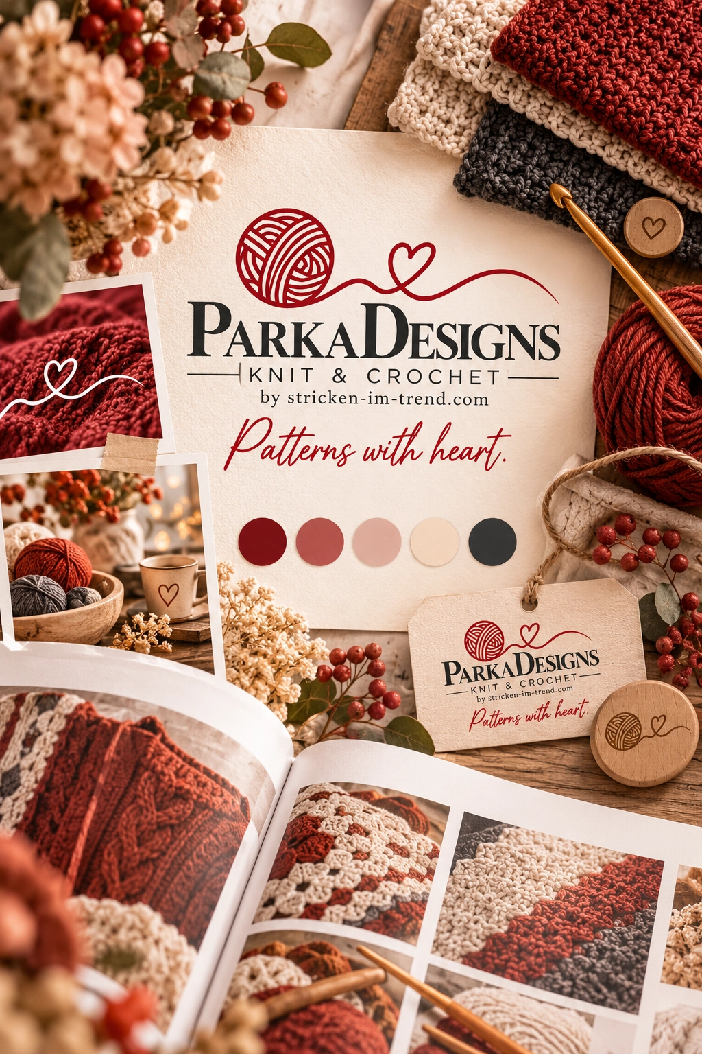 ParkaDesigns Marken-Moodboard mit Logo, Wolle und Strick- und Häkelmotiven