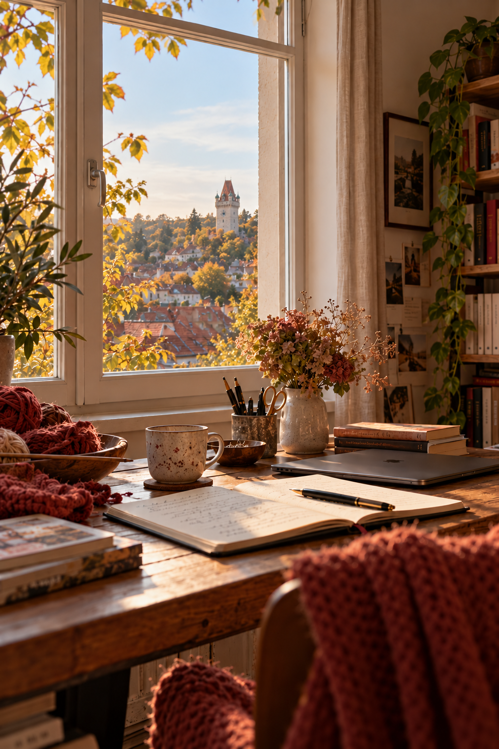 Ein gemütlicher Schreibplatz mit Notizbuch, Laptop, Büchern und Wolle. Durch das Fenster fällt der Blick auf den Perchtoldsdorfer Wehrturm – meine Heimat, in der zwischen Maschen, Gedanken und einer Tasse Kaffee neue Geschichten entstehen.
